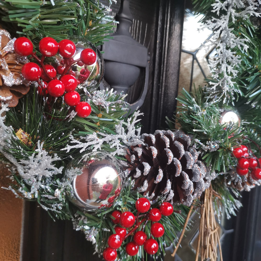 Premier Silver Dressed Christmas Wreath with Pinecones and Red Berries 40cm Image 5