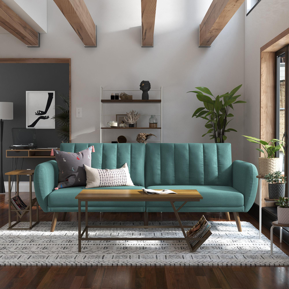 Novogratz Brittany 3 Seater Light Blue Linen Sofa Bed with Wooden Legs Image 9