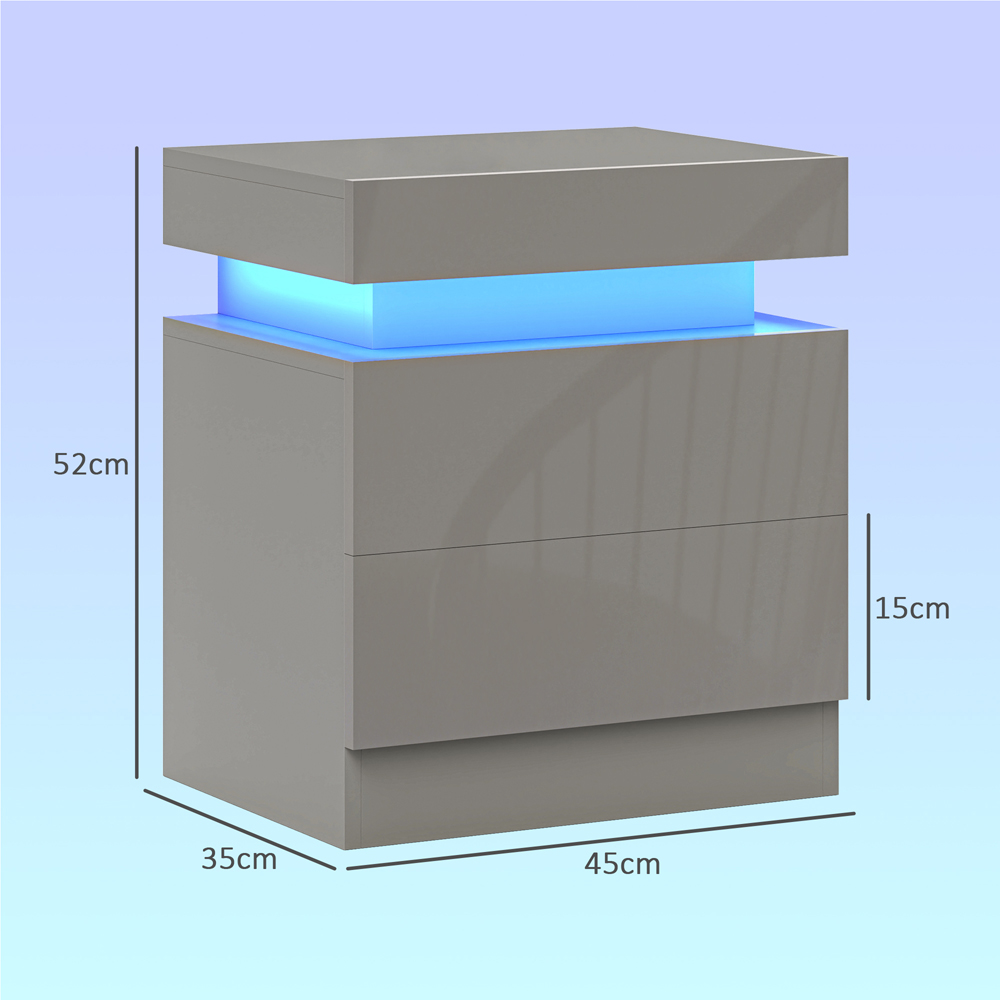 HOMCOM 2 Drawer Grey High Gloss Bedside Table with LED Light Image 9
