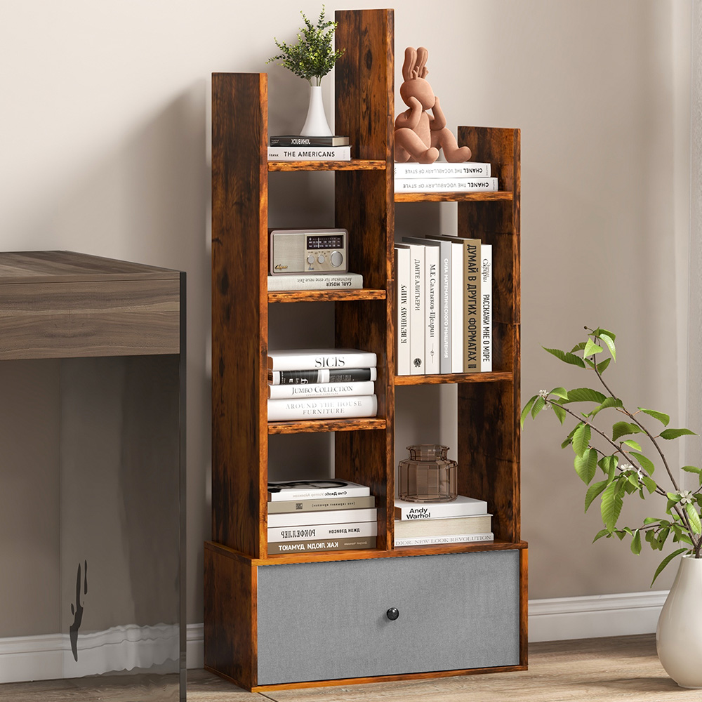 Costway Single Drawer 7 Shelf Rustic Brown Bookcase Image 1
