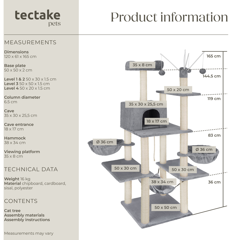 tectake Lilou Grey Cat Tree with Scratching Post 165cm Image 9