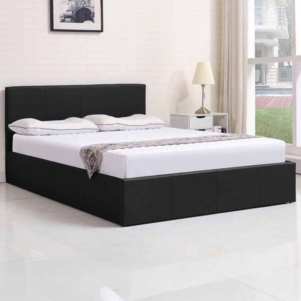 Portland Double Black Leather Ottoman Bed with Mattress Image 1