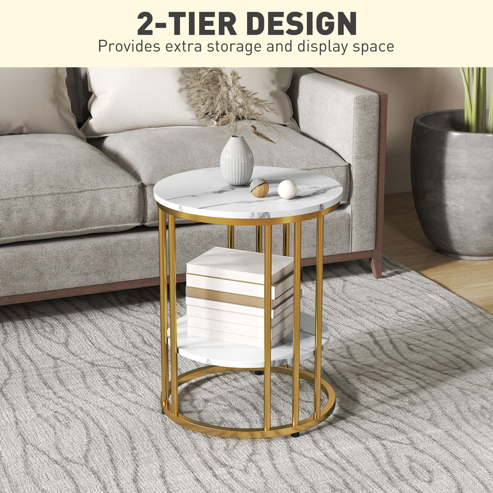 HOMCOM Marble-Effect and Gold Round Coffee Table Set of 2 Image 5