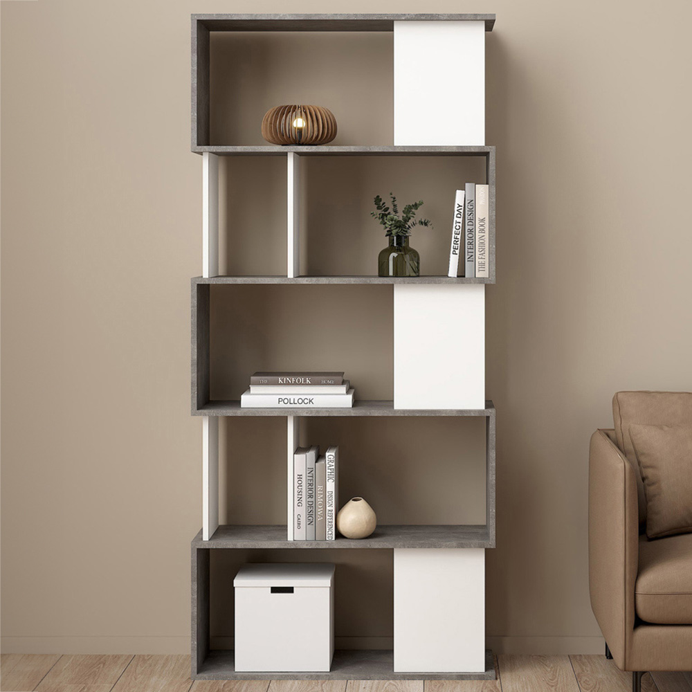 Furniture To Go Maze 5 Shelf Concrete and White Open Bookcase Image 1