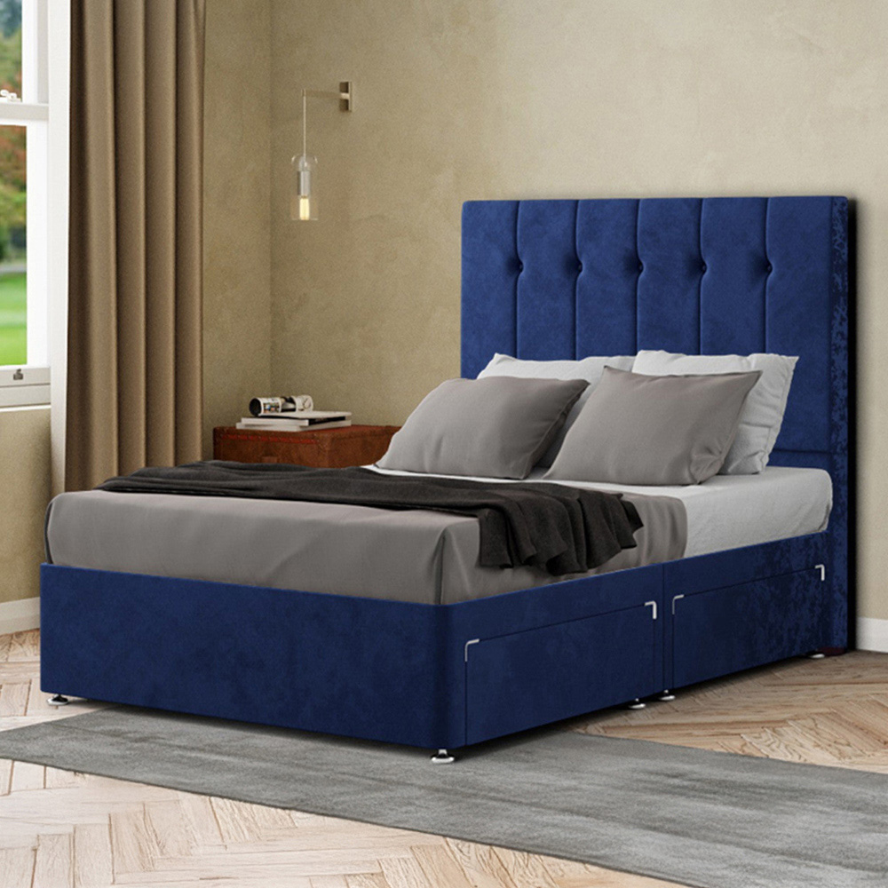 Portland Highland Single Navy Plush Divan Bed with 2 Drawers and Headboard Image 1