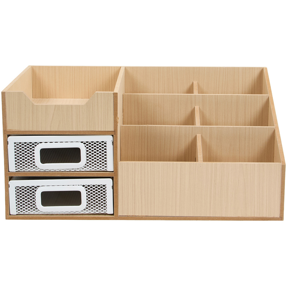 Wood Effect and White Mesh Desk Organiser Image 2