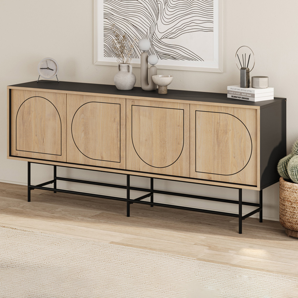 Decortie Joji 4 Door Silky Black and Oak Laser-Cut Design Modern Console Unit Image 1