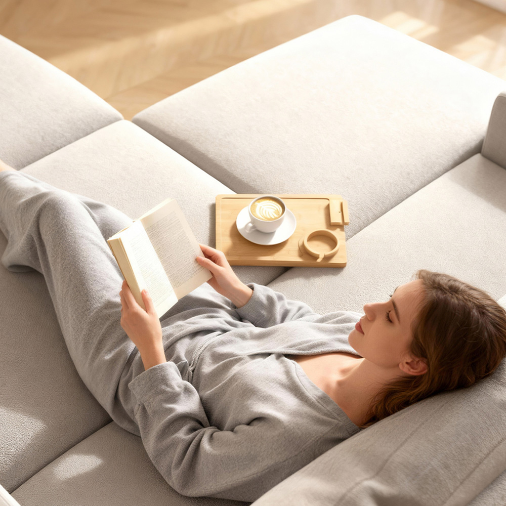HOMCOM Natural Anti-Slip Sofa Armrest Tray with Phone and Cup Holder Image 4