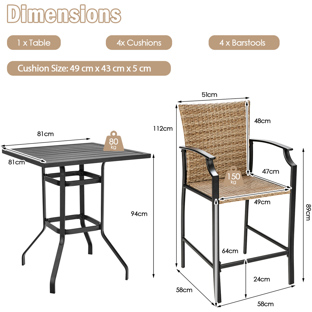 Costway 4 Seater Rattan and Wicker Bar Table and Chair Set Image 8