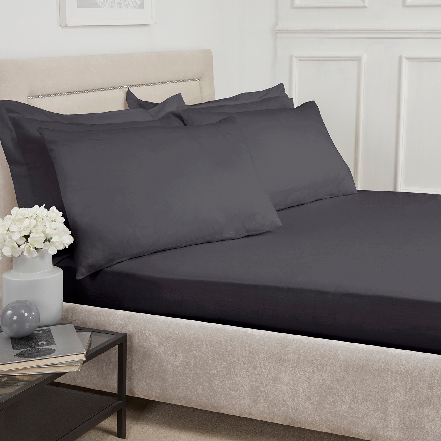 180 Thread Count Cotton Fitted Sheet  - Charcoal / Double Image