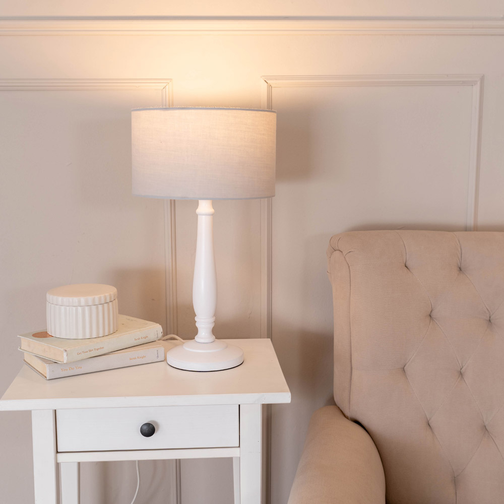 ValueLights Victoria Grey Fabric Drum Shade White Wood Traditional LED Table Lamp Image 2