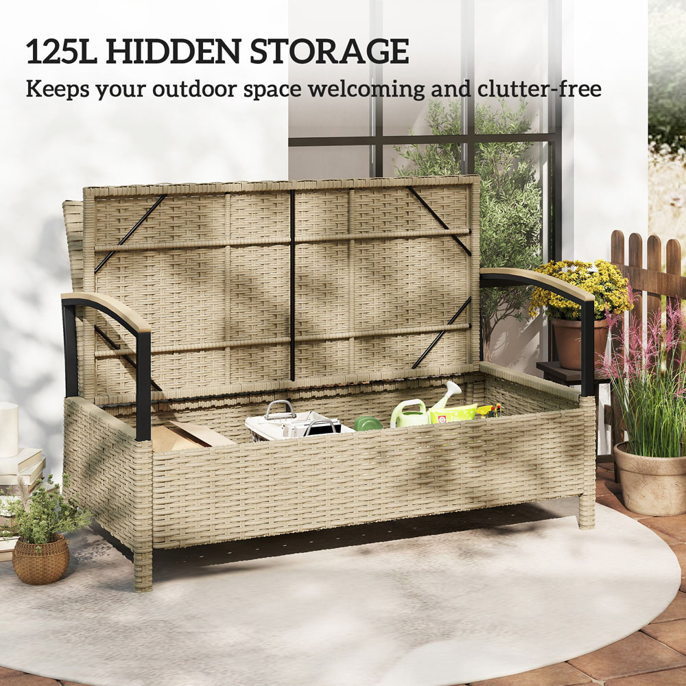 Outsunny 2 Seater Khaki PE Rattan Garden Storage Bench Image 6