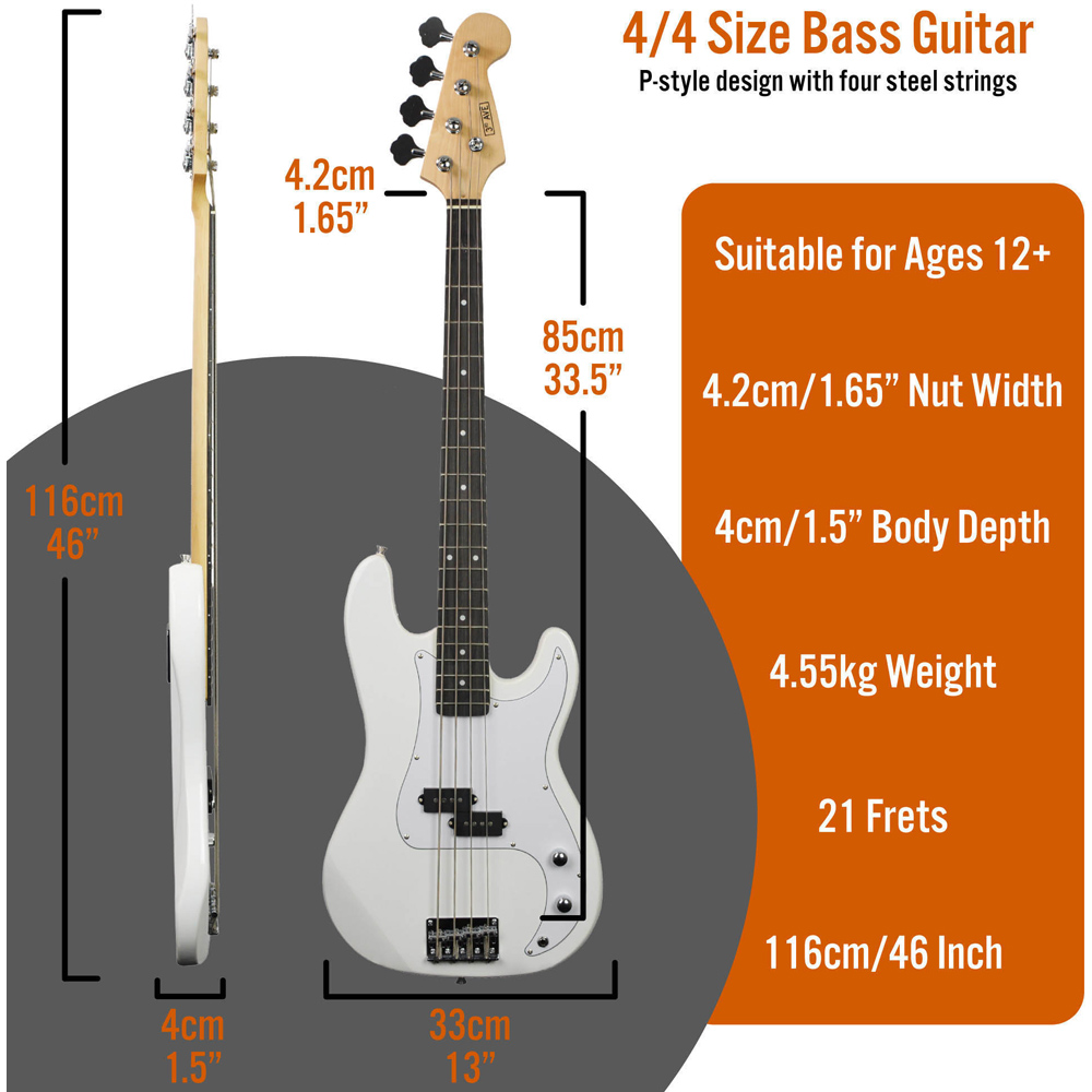 3rd Avenue White Full Size Electric Bass Guitar Set Image 6