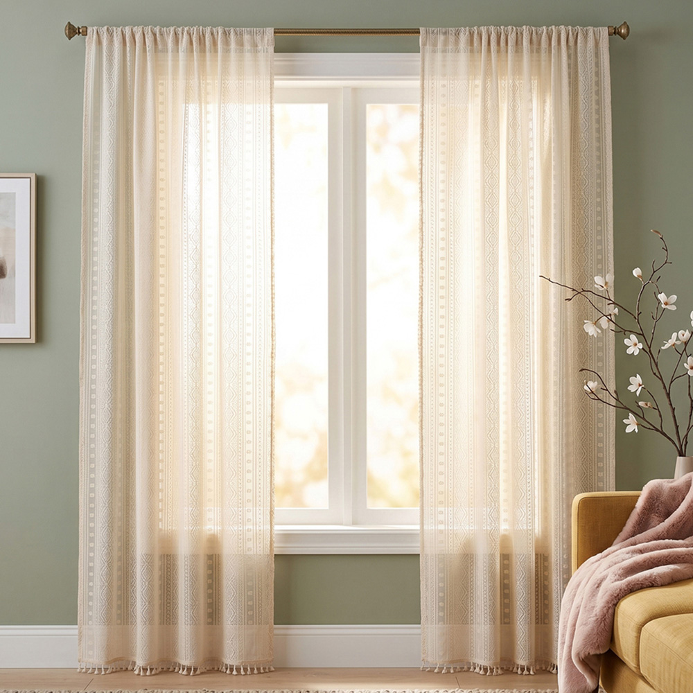 Living and Home Beige Geometric Semi Sheer 2 Panel Curtain 100 x 213cm Image 1
