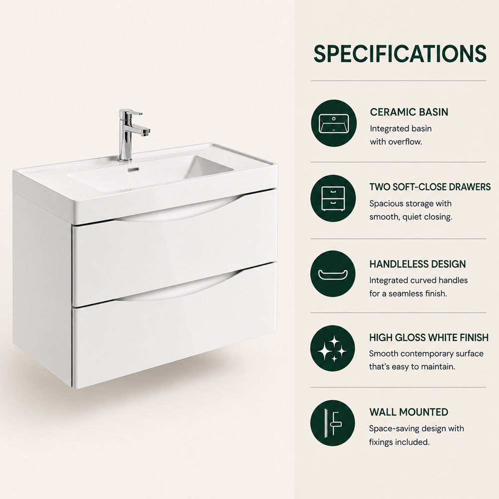 Go Bathrooms Erin 2 Drawer White Gloss Wall Hung Vanity Unit with Resin Basin 900mm Image 6