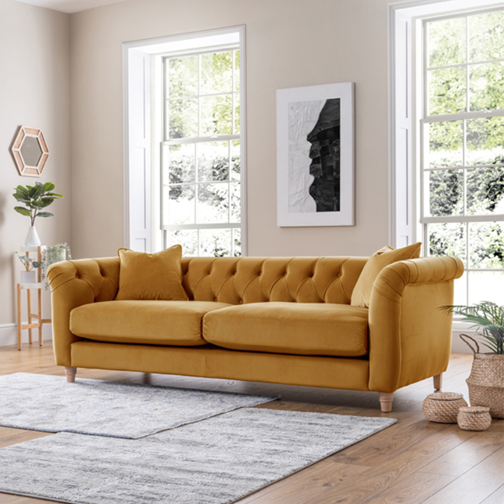 3 Seater Ochre Velvet Large Sofa Image 4