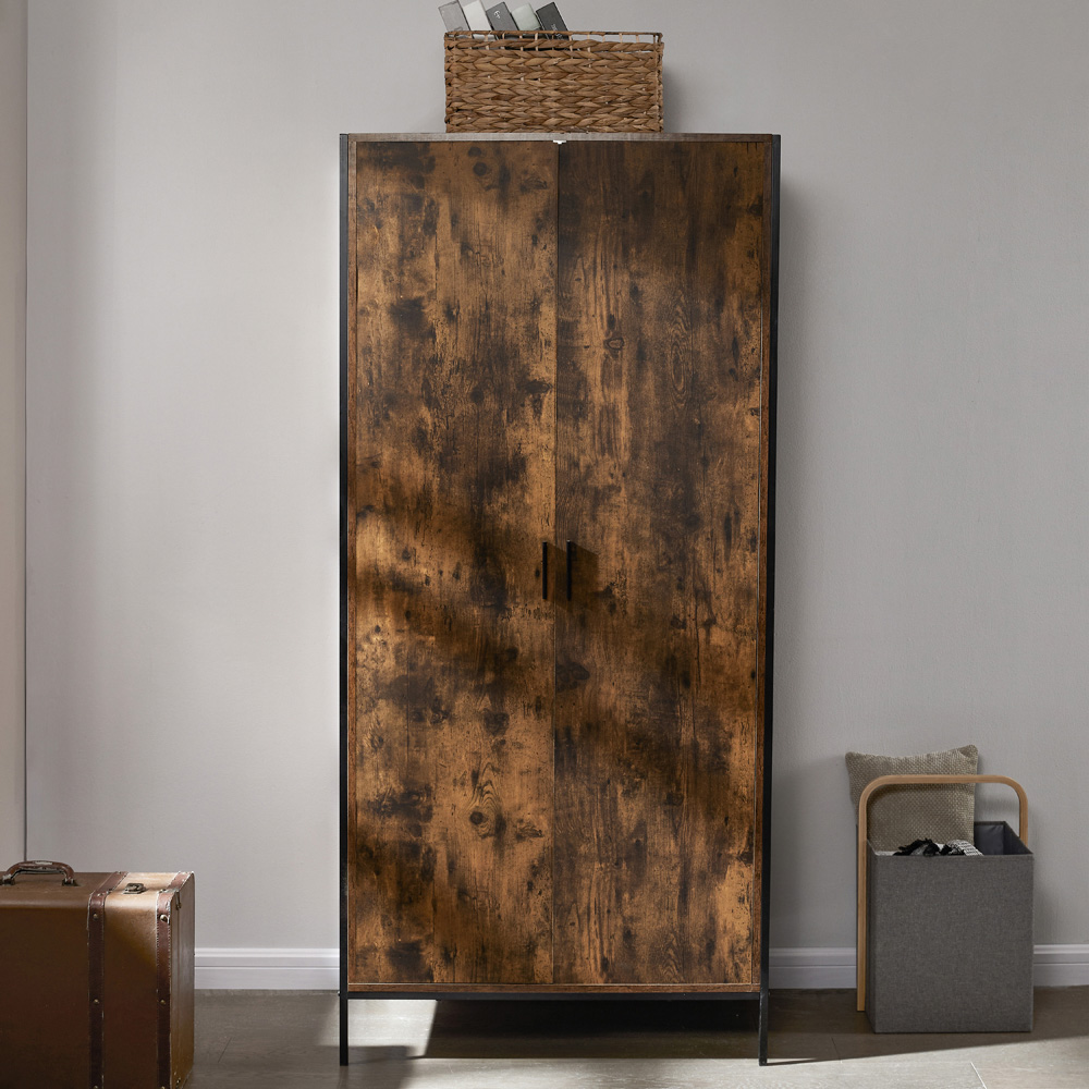 Vida Designs Brooklyn 2 Door Dark Wood Industrial Wardrobe with Hanging Rail and Shelf Image 3