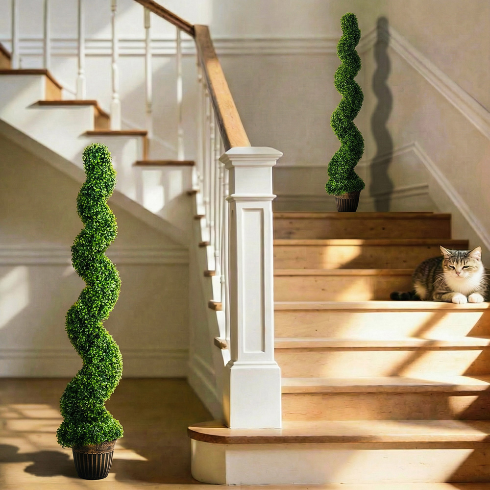 HOMCOM Artificial Potted Topiary Spiral Boxwood Tree Set of 2 Image 2
