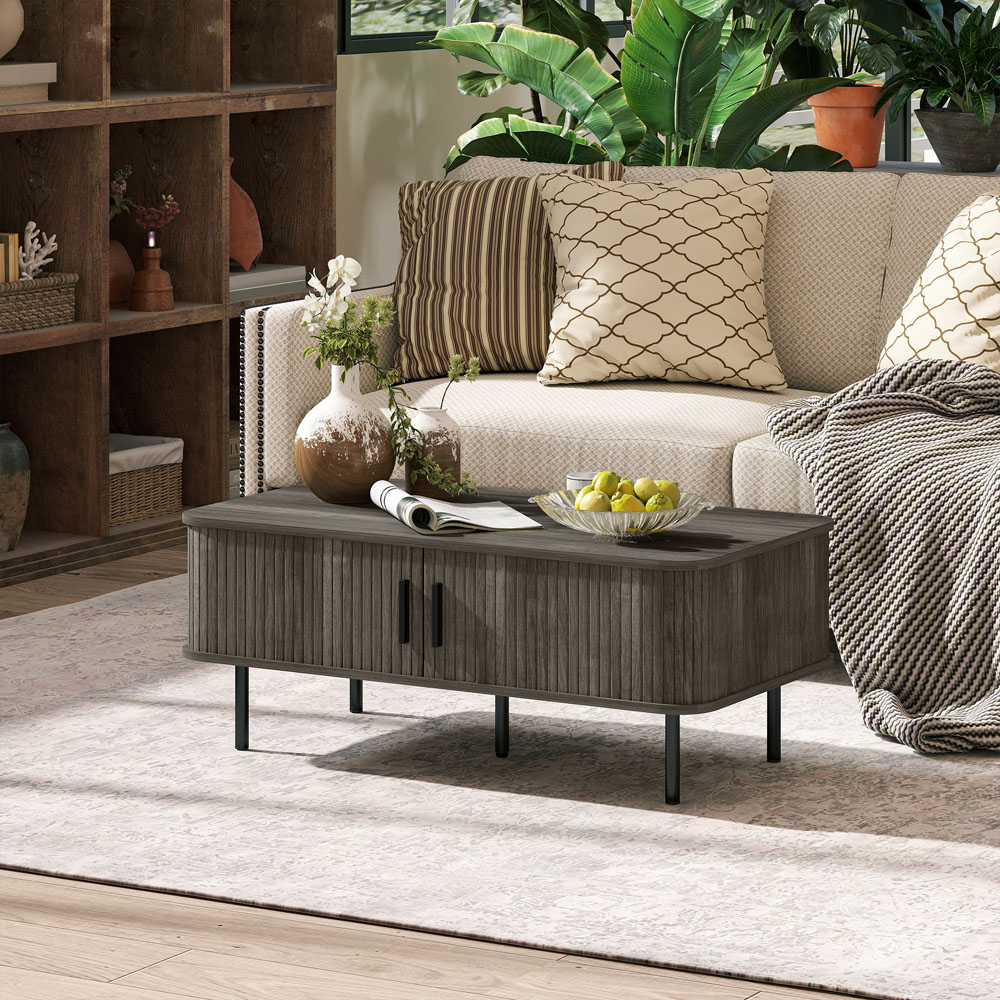 HOMCOM 2 Door Grey Coffee Table with Sliding Doors Image 3