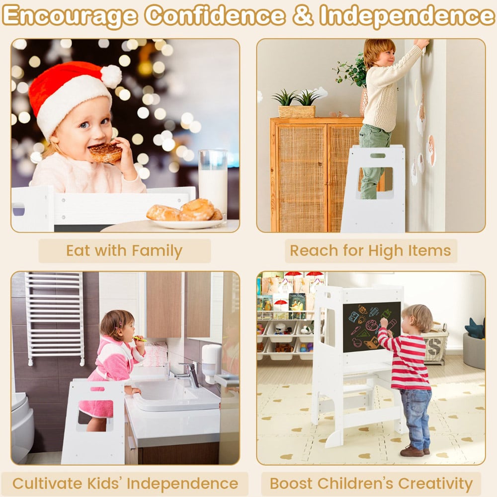 Costway White Adjustable Toddler Kitchen Step Stool with Activity Chalkboard Image 8
