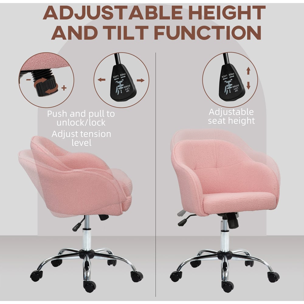 HOMCOM Fluffy Pink Height Adjustable Vanity Chair with Wheels Image 6