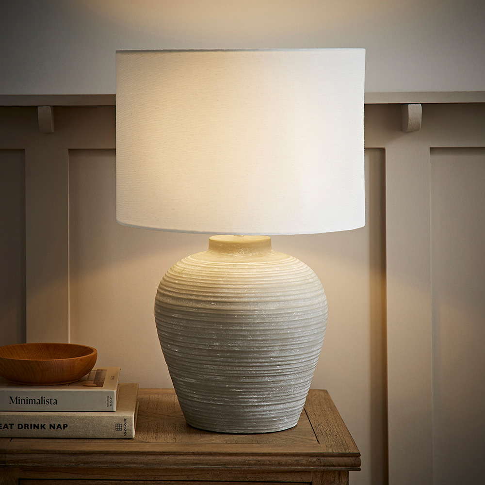 ValueLights Reid Linen Drum Lamp Shade Stone Grey Ribbed Ceramic Large LED Table Lamp Image 6