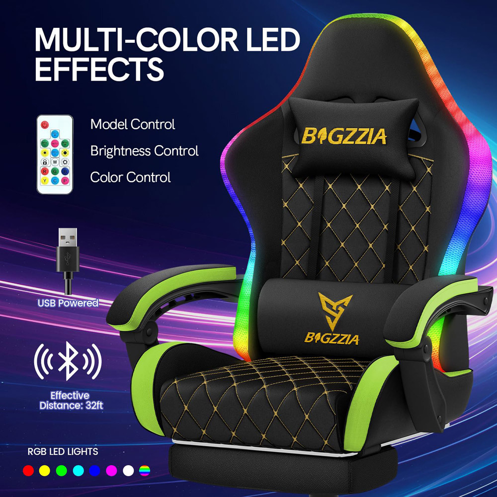Rattrix Green Reclining RGB Gaming Chair with LED Lights and Footrest Image 5