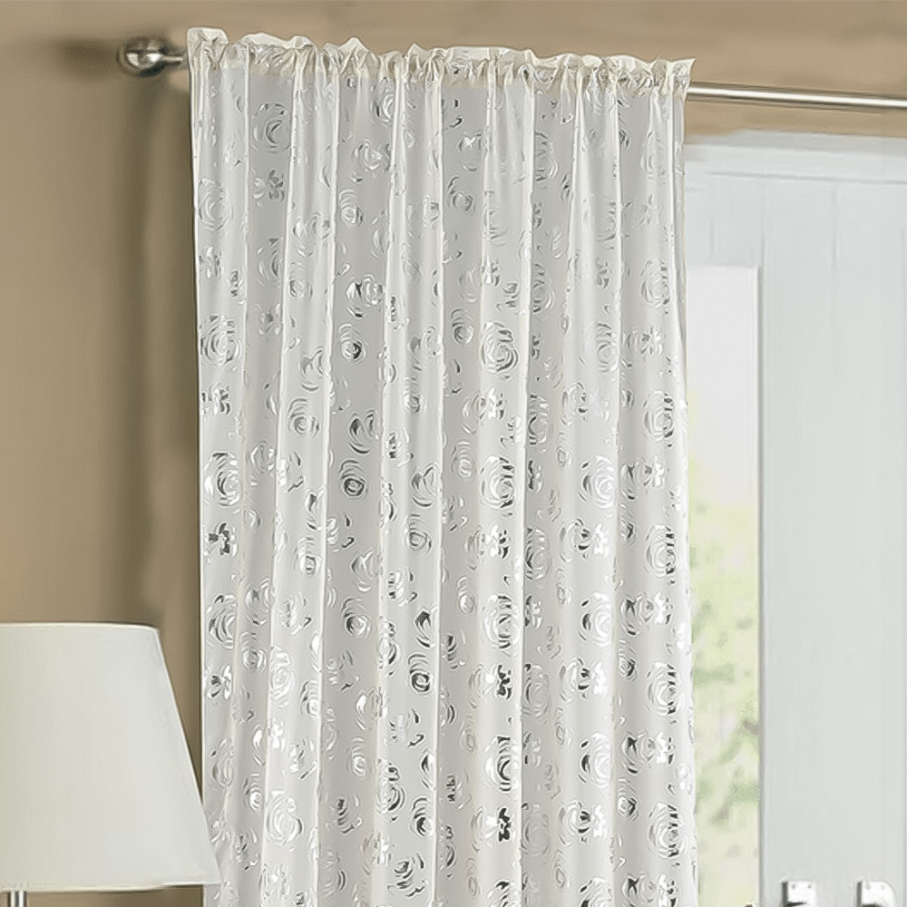 Velosso Geneva Cream Foil Flower Voile Panel Curtain 150 x 183cm Image 2