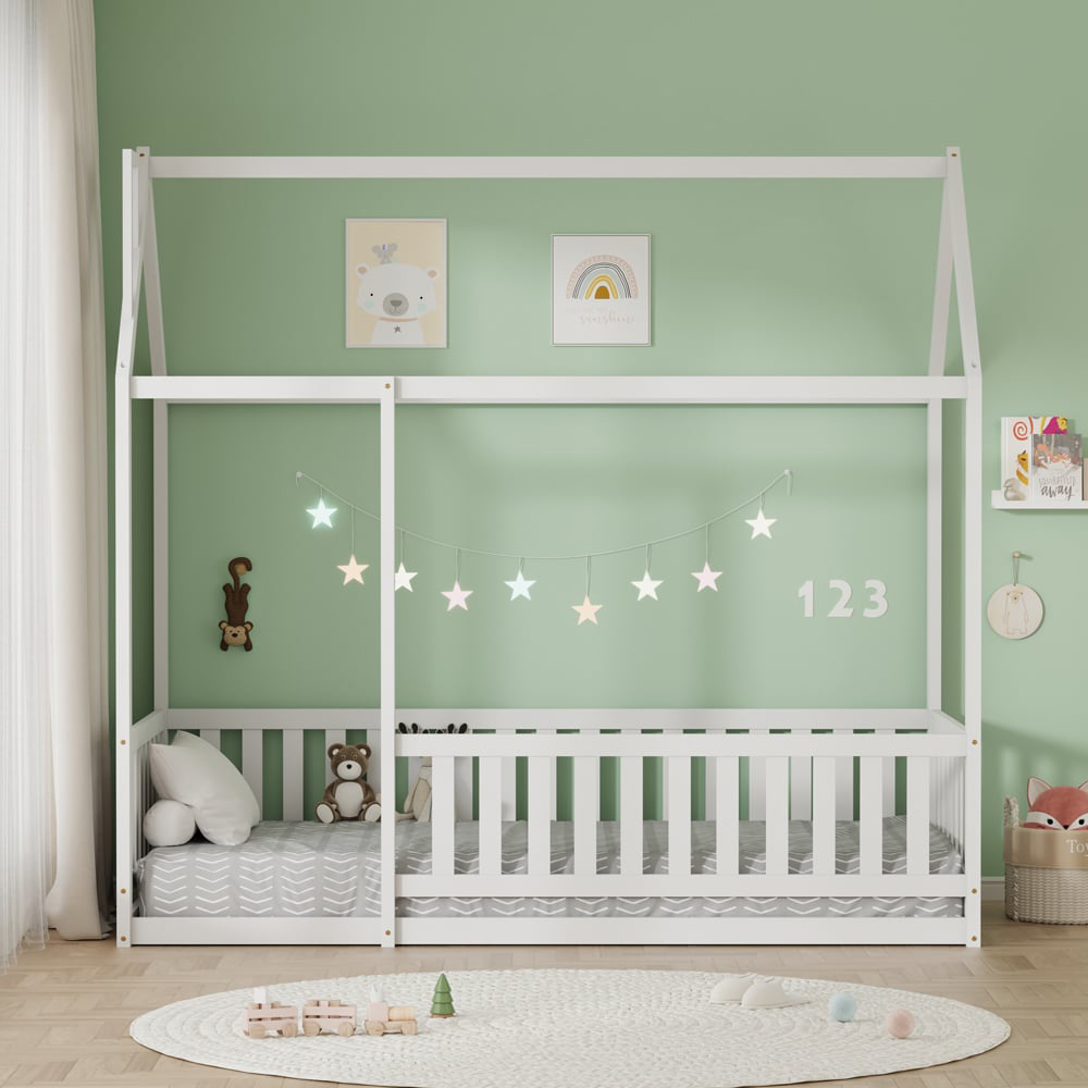 FurnitureHMD White Pine Wood House-Shaped Kids Bed Frame Image 9