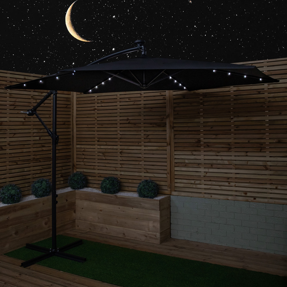 Samuel Alexander Black Solar LED Crank Banana Hanging Parasol with Base Weights 3m Image 3