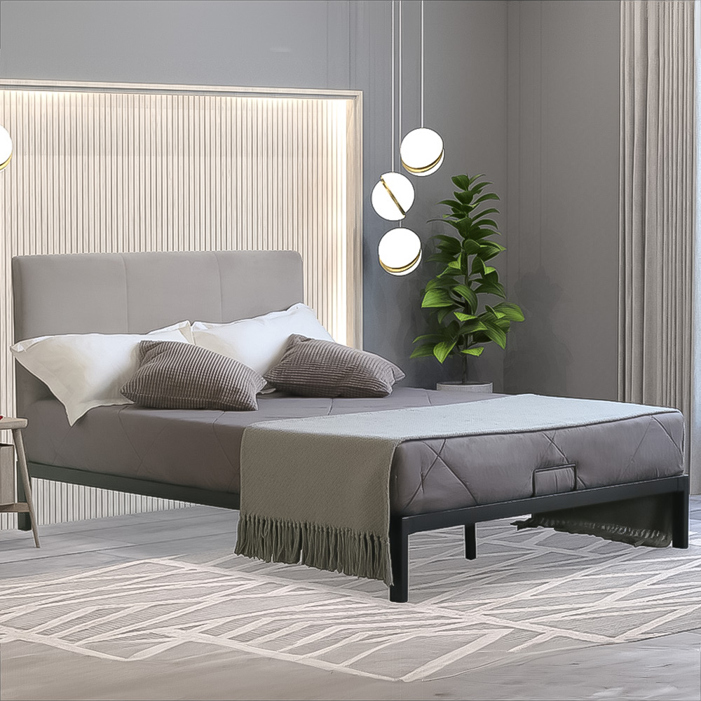 Brooklyn King Size Metal Bed Frame with Grey Plush Velvet Headboard Image 1