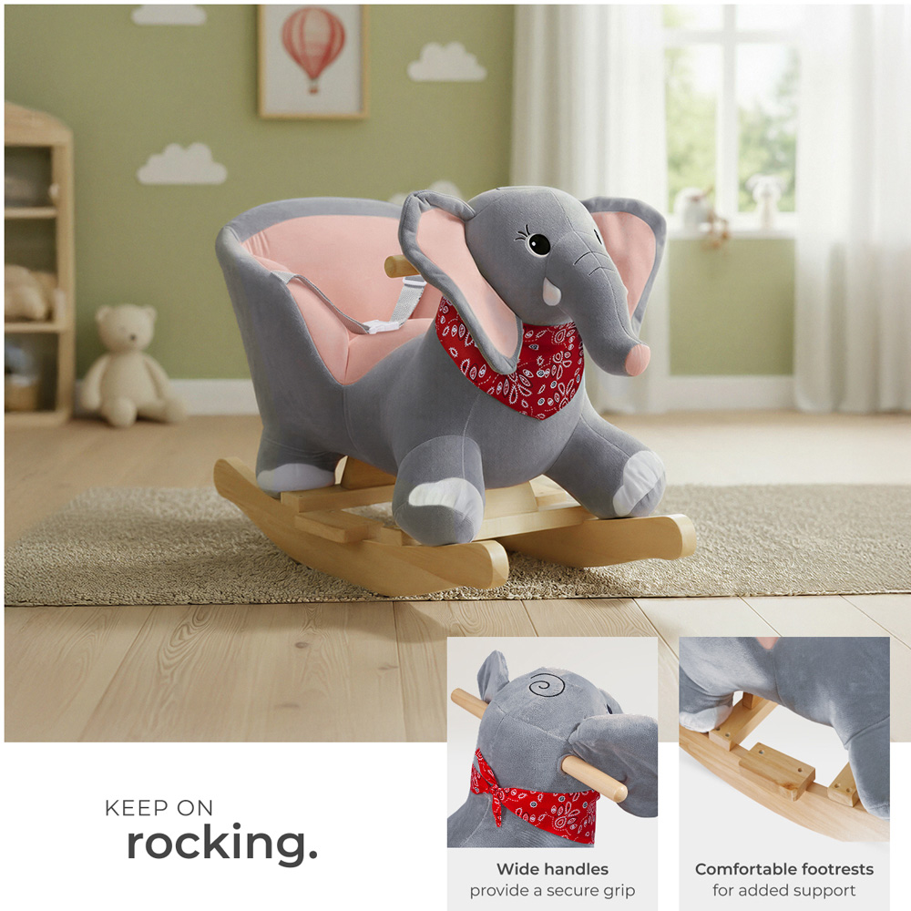 tectake Kids Grey Elephant Plush Cover Wooden Rocking Horse Image 5