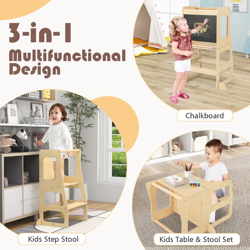 Costway Toddler Natural Foldable Kitchen Step Stool with Chalkboard Image 8