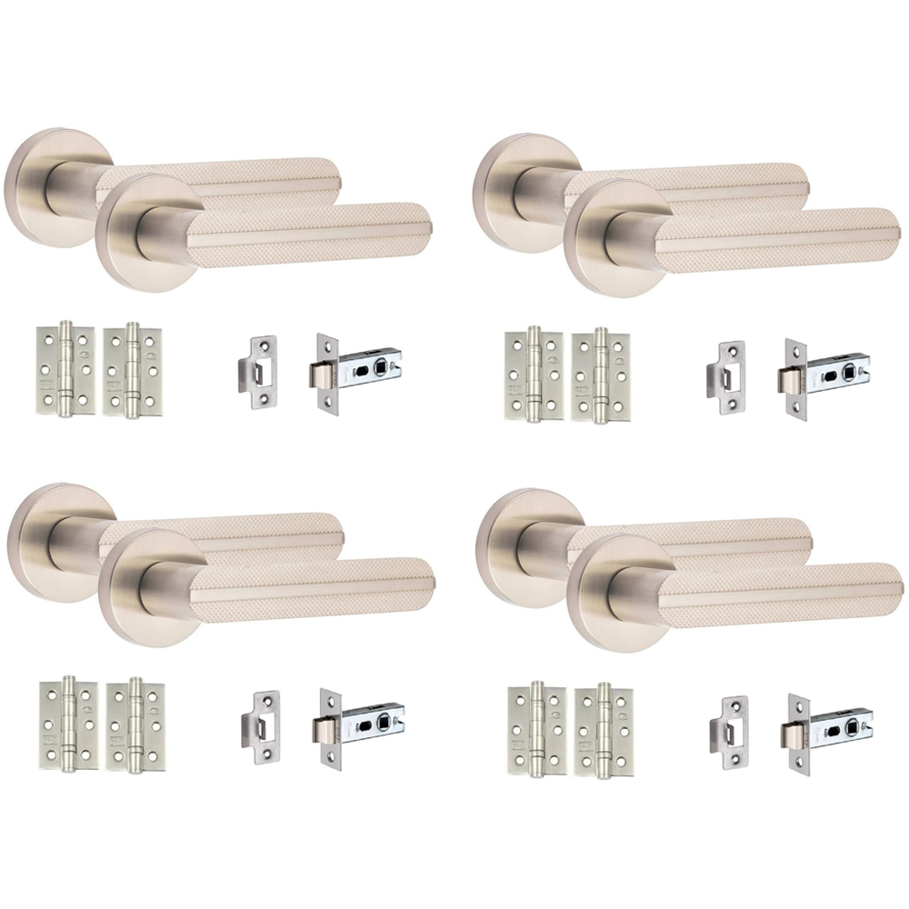 Golden Grace Satin Nickel Modern Lima Knurled Door Handle Set 4 Pack Image 1