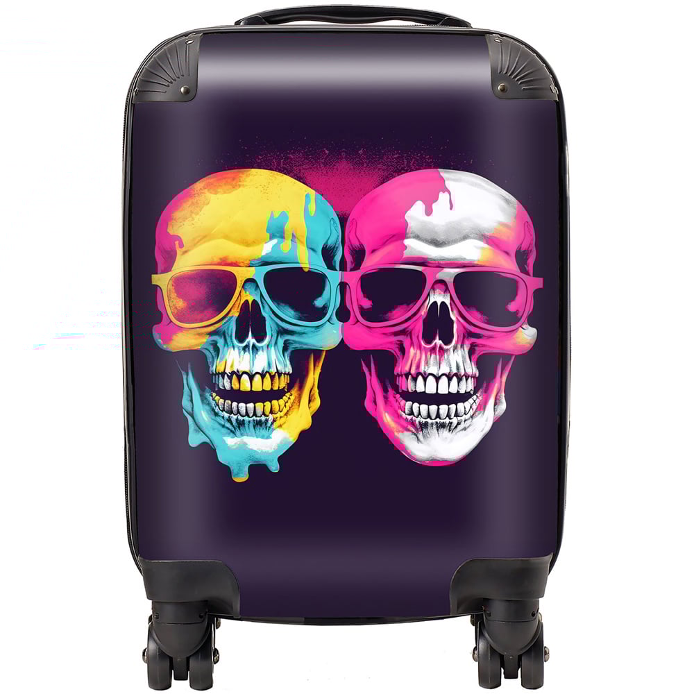 Warren Reed Designer Small Pinks And Blue Happy Skeletons Suitcase Image 1