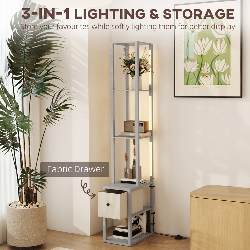HOMCOM Single Drawer 4 Shelf Grey LED Floor Lamp Image 8
