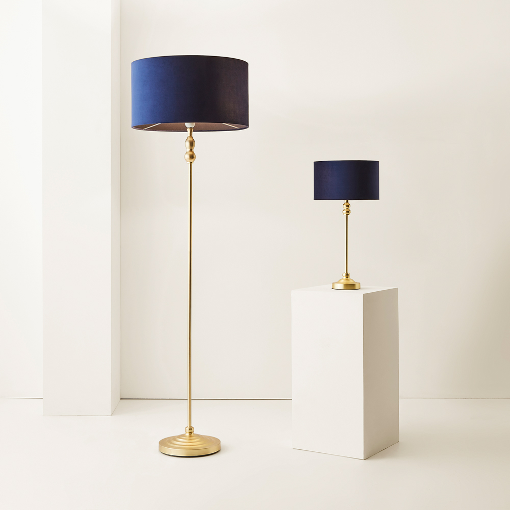 ValueLights Maggie Navy Blue Velvet and Gold Drum Shade Candlestick LED Table Lamp Image 7