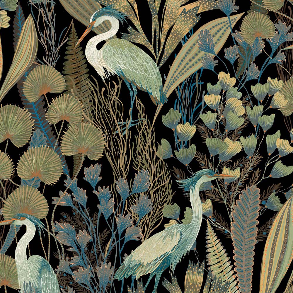 Grandeco Tropical Crane Black Textured Wallpaper Image 1