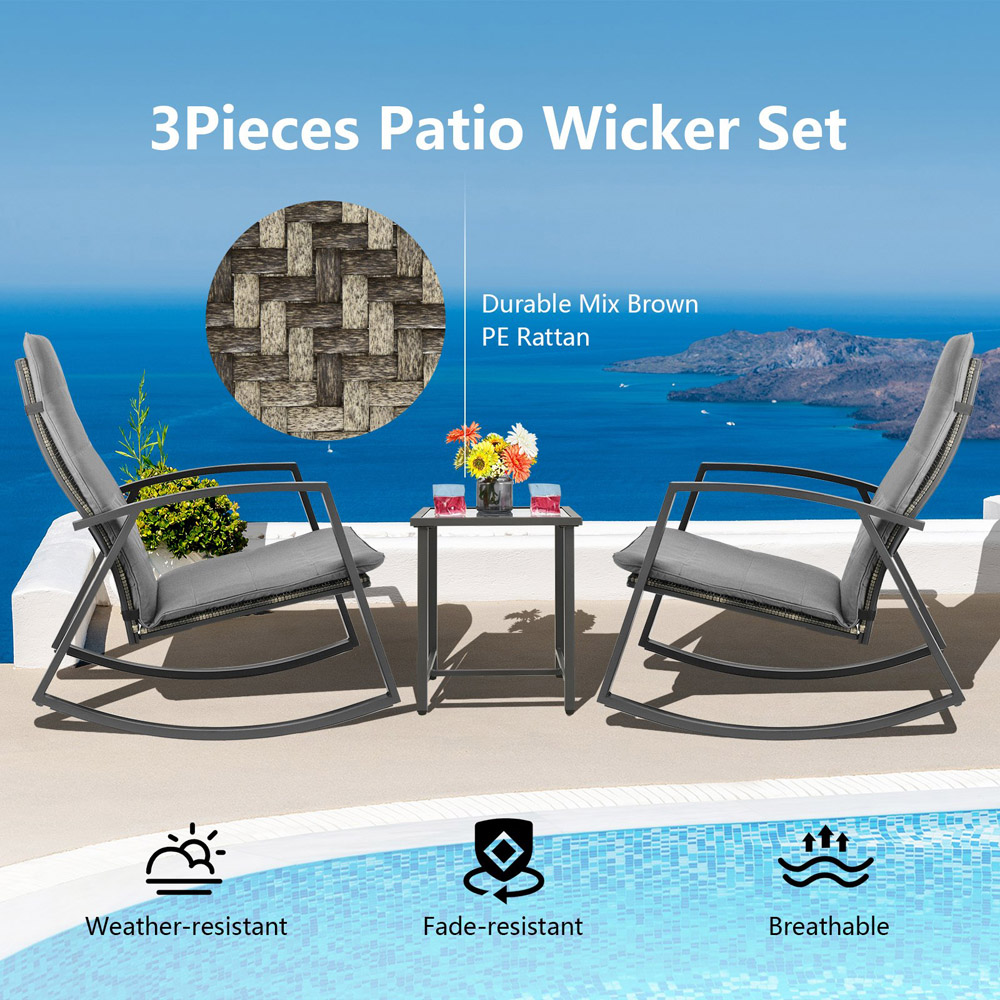 Costway 2 Seater PE Rattan Rocking Chair Bistro Set Grey Image 4