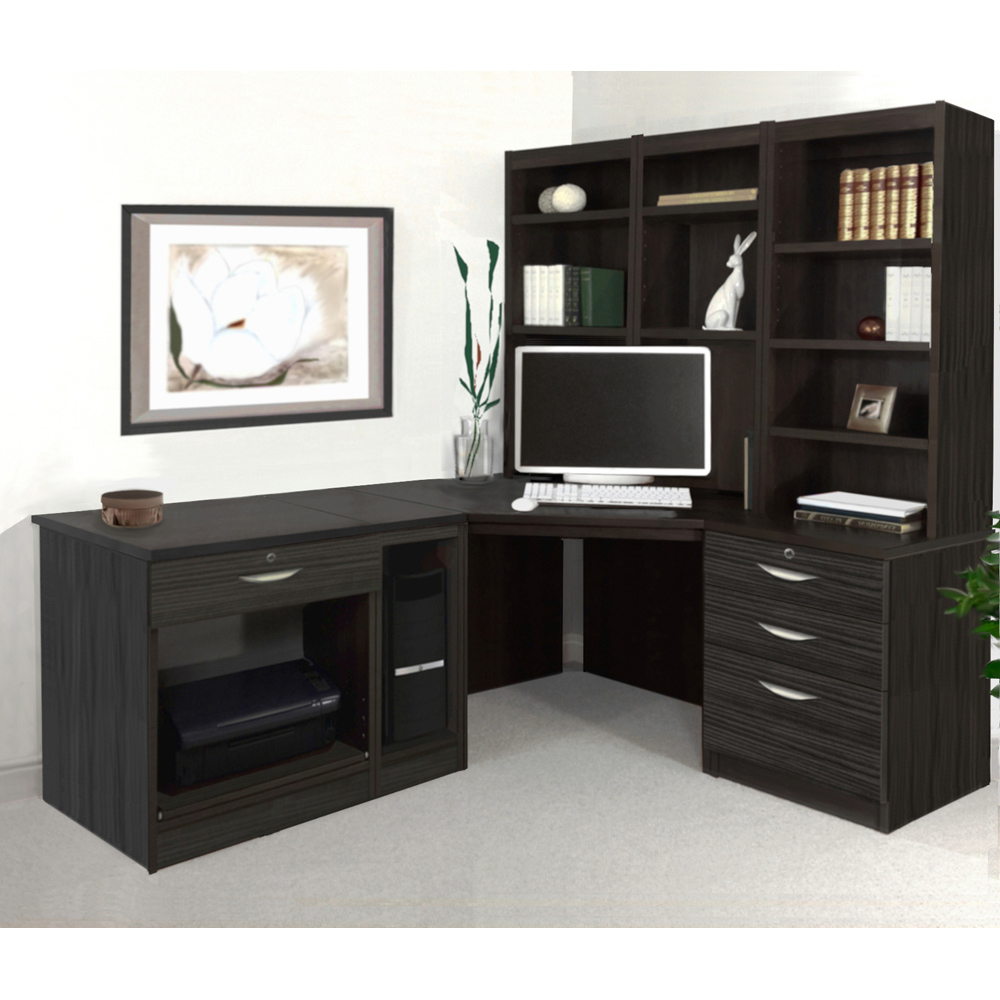 R White Cabinets 4 Drawer Corner Set-20 Computer Desk with Printer Shelf and Bookcase Black Image 4