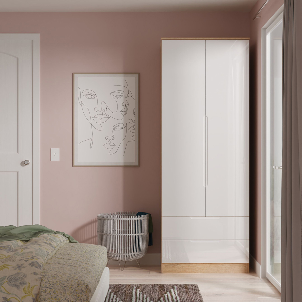 Crowndale Milan 2 Door 2 Drawer White Gloss and Bardolino Oak Tall Wardrobe Ready Assembled Image 8