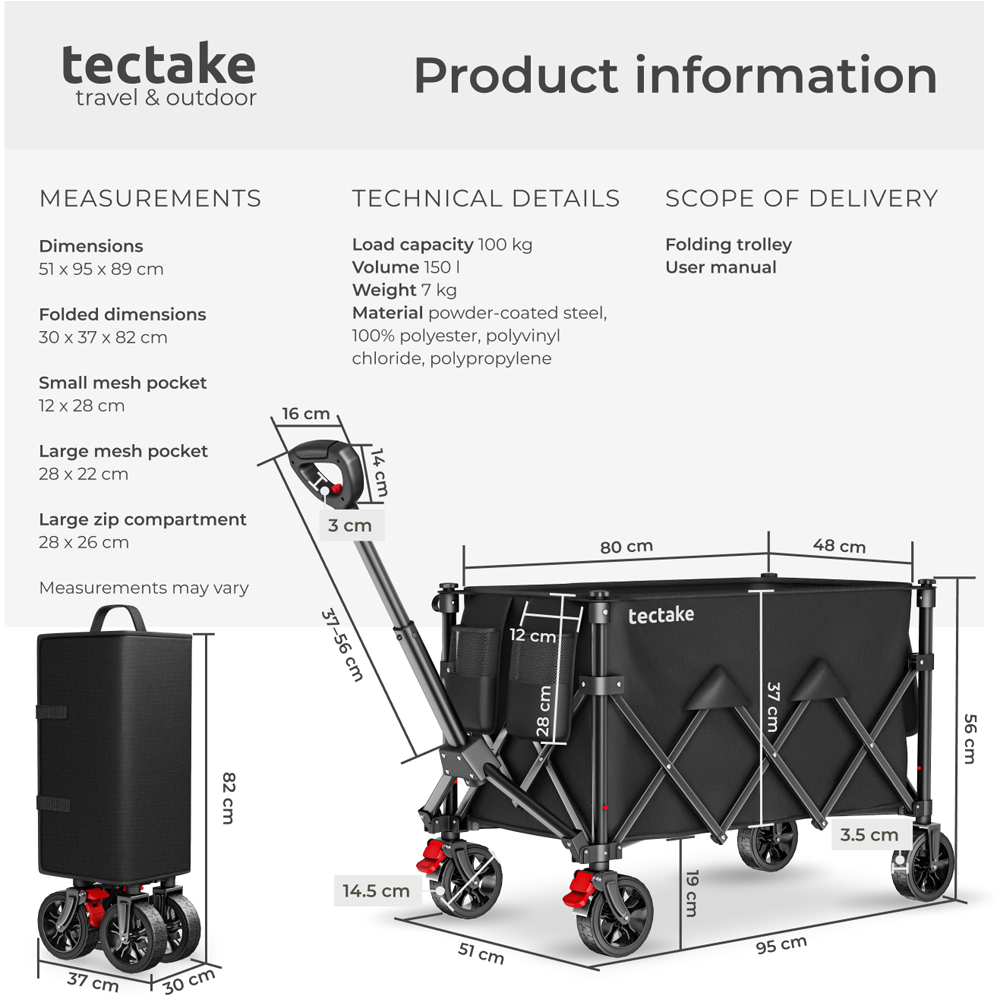 tectake RollRider 150L Black Folding Trolley with Telescopic Handle Image 9