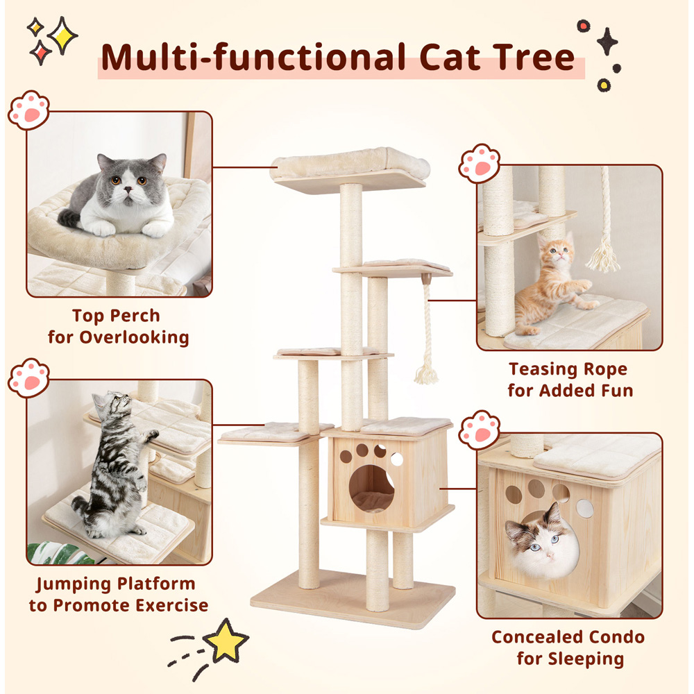 Costway Natural Cat Tree Tower with Scratching Posts Image 5