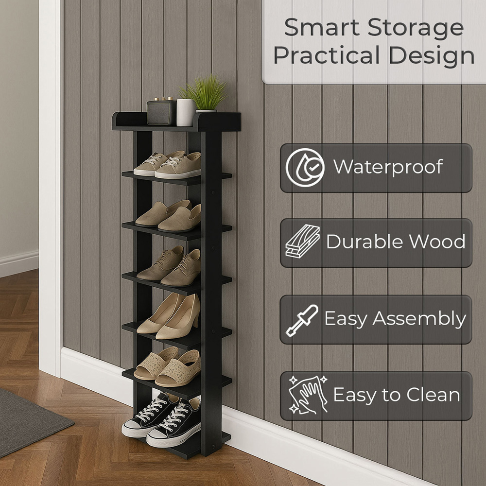 Neo 7 Shelf Black Wooden Slim Shoe Rack Image 5