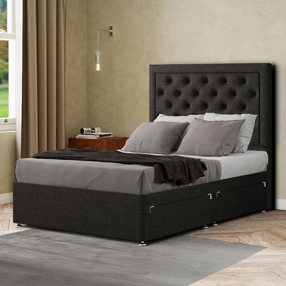 Portland Castle King Size Black Linen Divan Bed with 2 Drawers and Headboard Image 1