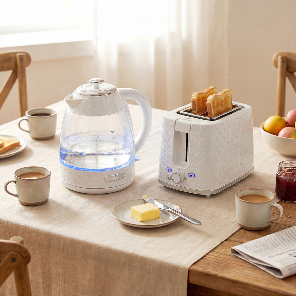 HOMCOM Cream 1.7L Fast Boil Kettle and 2 Slice Toaster Set Image 2