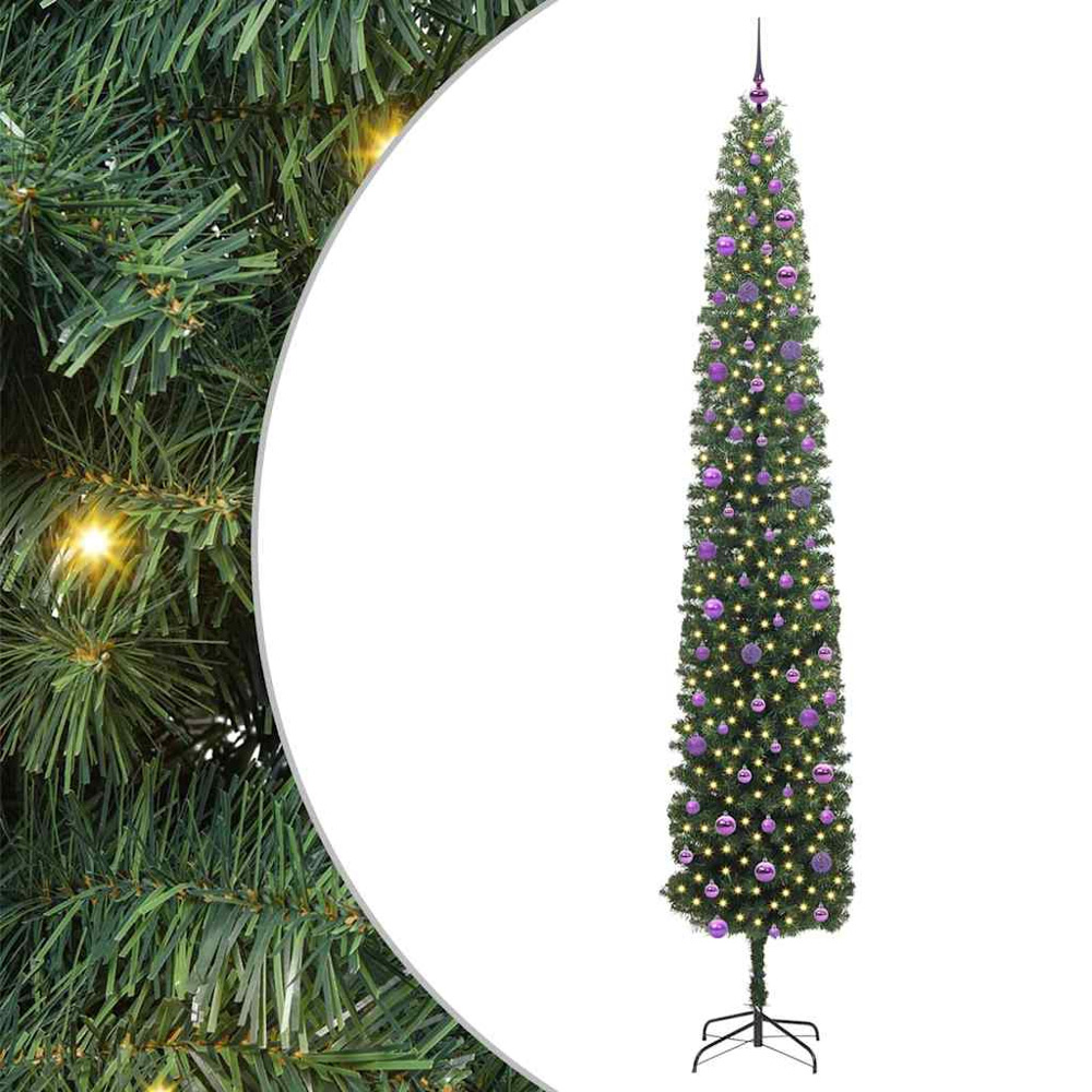 vidaXL Green Artificial Christmas Tree with LEDs Lilac Decoration Ornaments 9ft Image 2