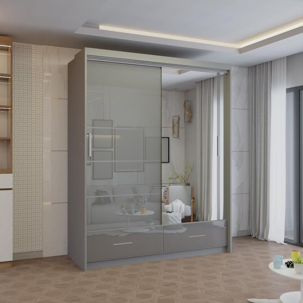 M N Furniture Seliyaa 2 Door 2 Drawer Grey High Gloss Sliding Door Wardrobe 150cm Image 4
