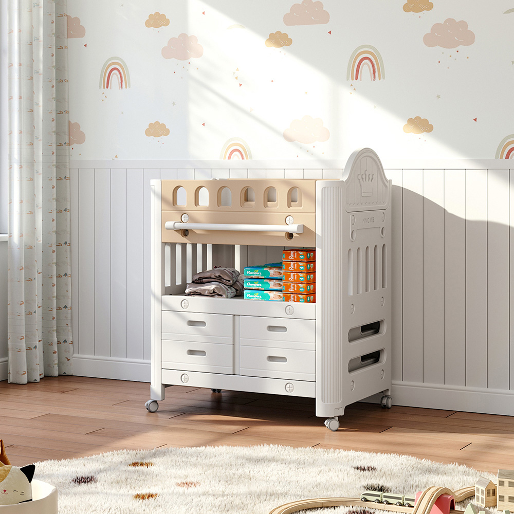 H&O Direct 4 Drawer Single Shelf Brown Rolling Baby Diaper Changing Table Image 4