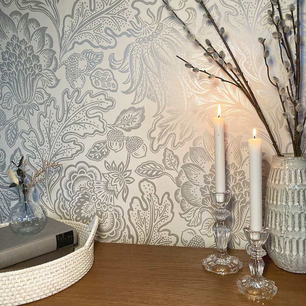 Belgravia Decor Fernhurst Floral Trail White and Silver Wallpaper Image 2